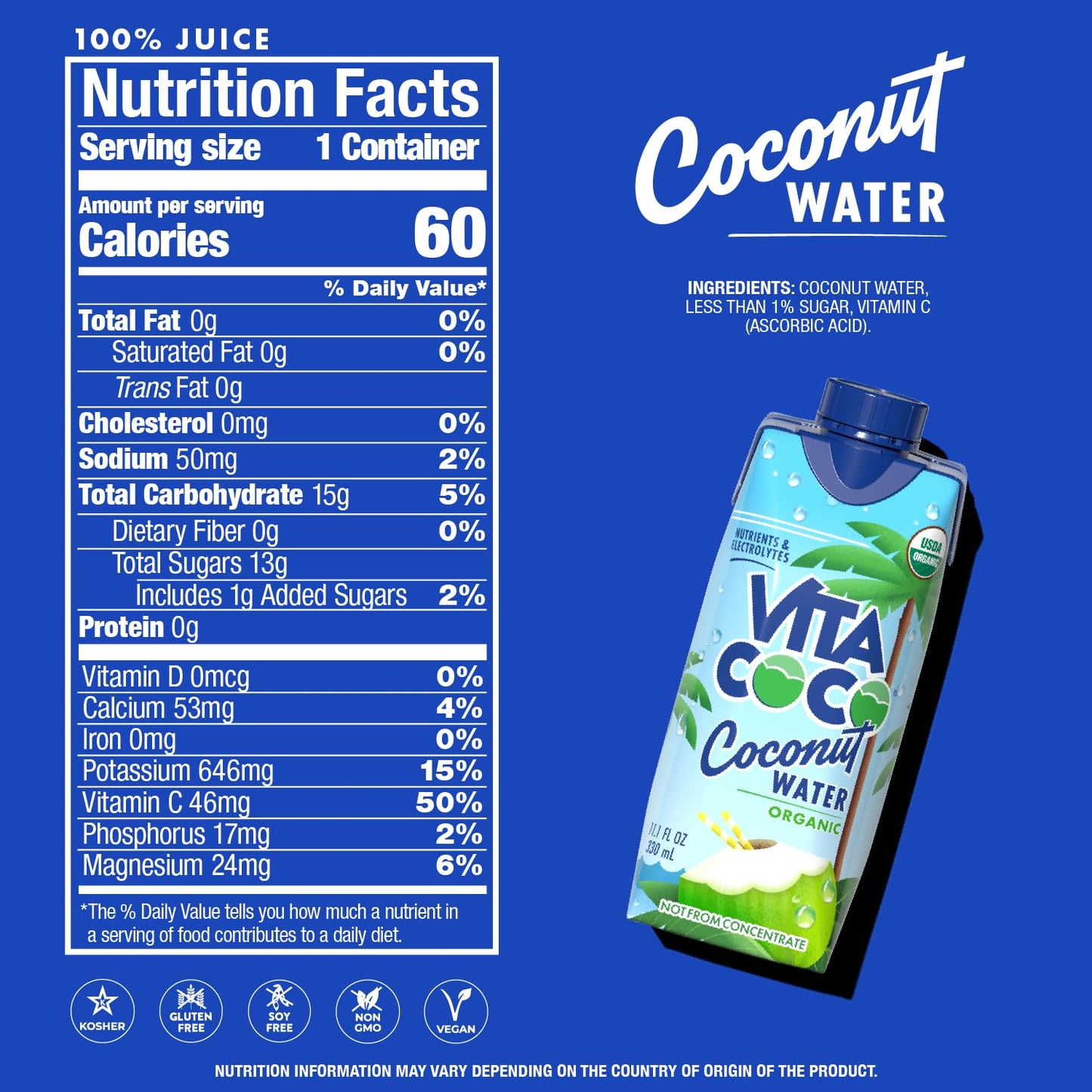 Vita Coco Coconut Water, Pure Organic | Refreshing Coconut Taste | Natural Electrolytes | Vital Nutrients | 11.1 Oz (Pack Of 12)