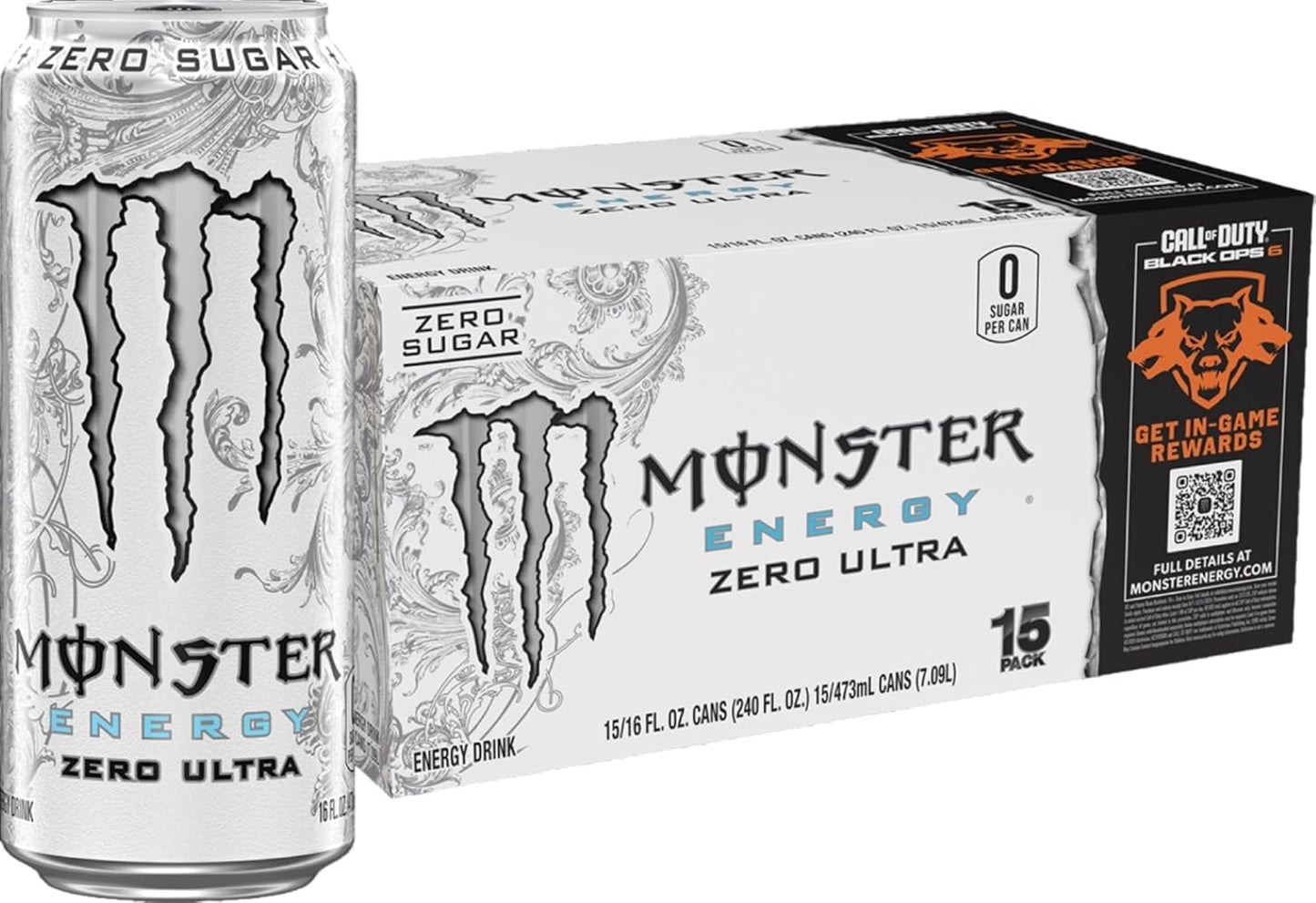 Monster Energy Zero Ultra, Sugar Free Energy Drink, 16 Fl oz (Pack of 15)