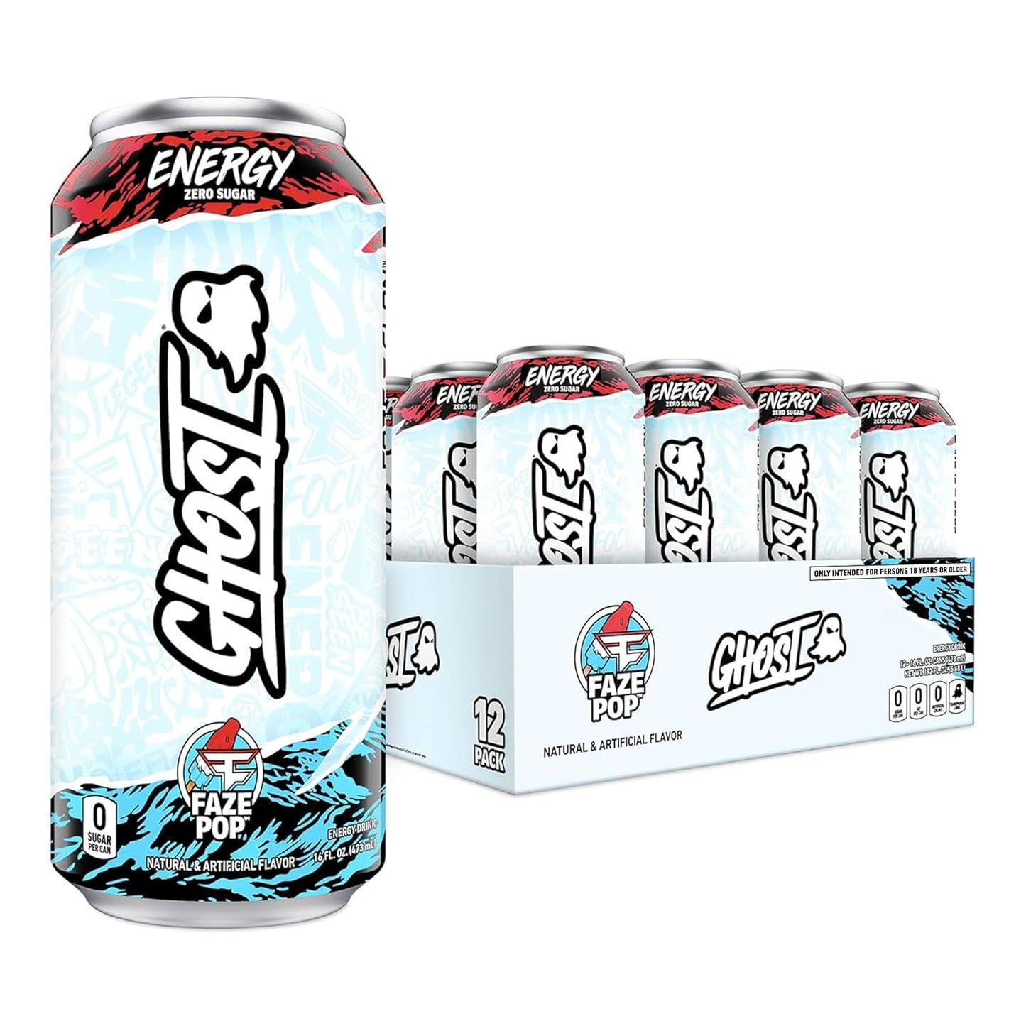 GHOST Energy x Faze Clan (Faze Pop) - Performance Energy Drink - 12-Pack Case x 16oz Cans - Energy & Focus - No Artificial Colors - 200mg of Natural Caffeine, L-Carnitine & Taurine - Gluten-Free & Vegan