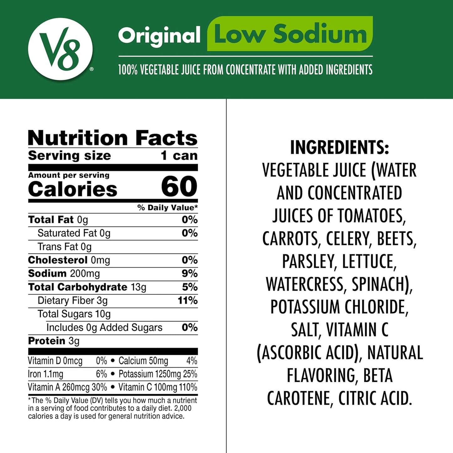 V8 Low Sodium Original 100% Vegetable Juice, 11.5 fl oz Can (24 Pack)