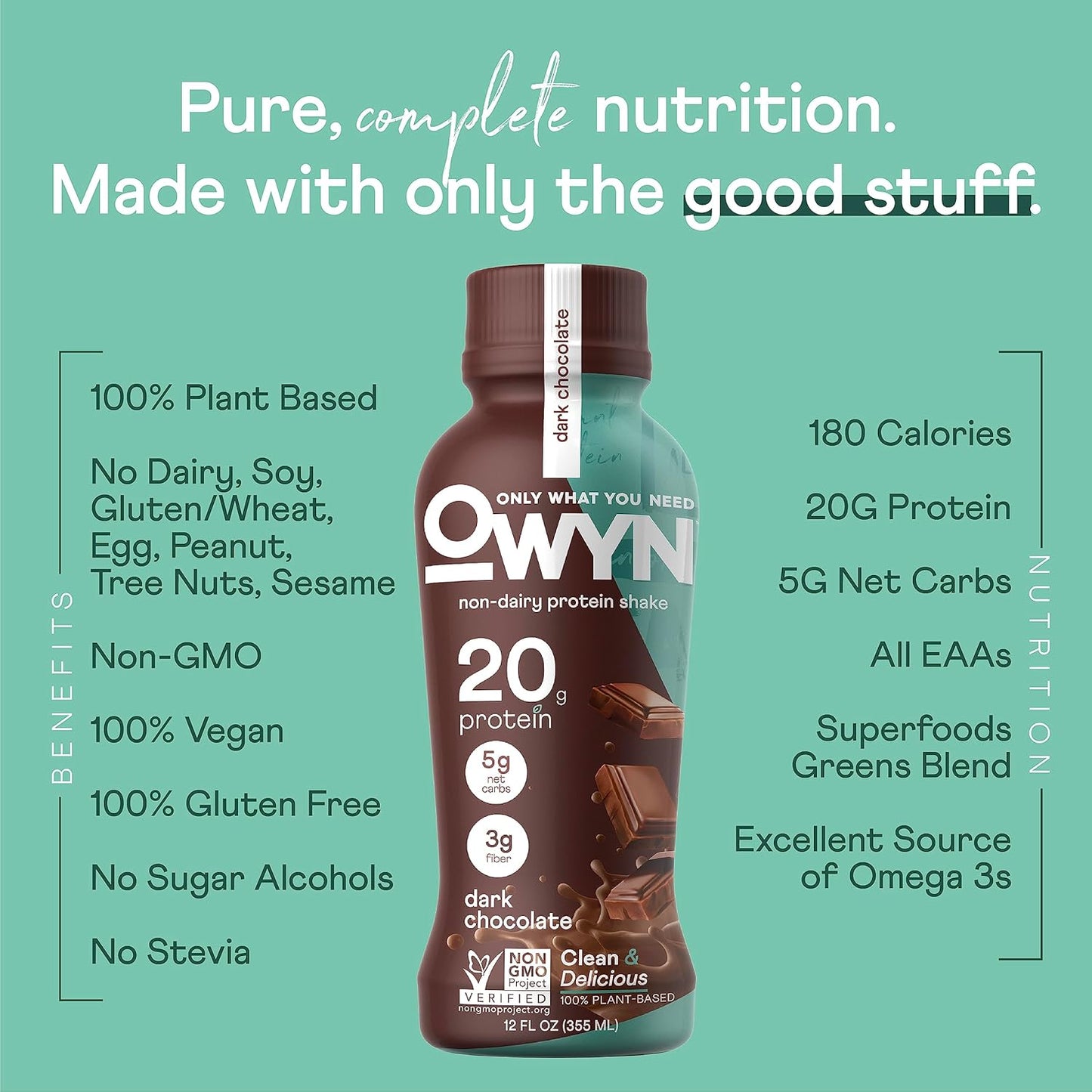 OWYN Only What You Need Plant Based Protein Shake, Dark Chocolate, 20g Vegan Protein from Organic Pumpkin seed, Flax, Pea Blend, Omega-3, Prebiotic supplements, Gluten and Soy-Free, (12 Pack)