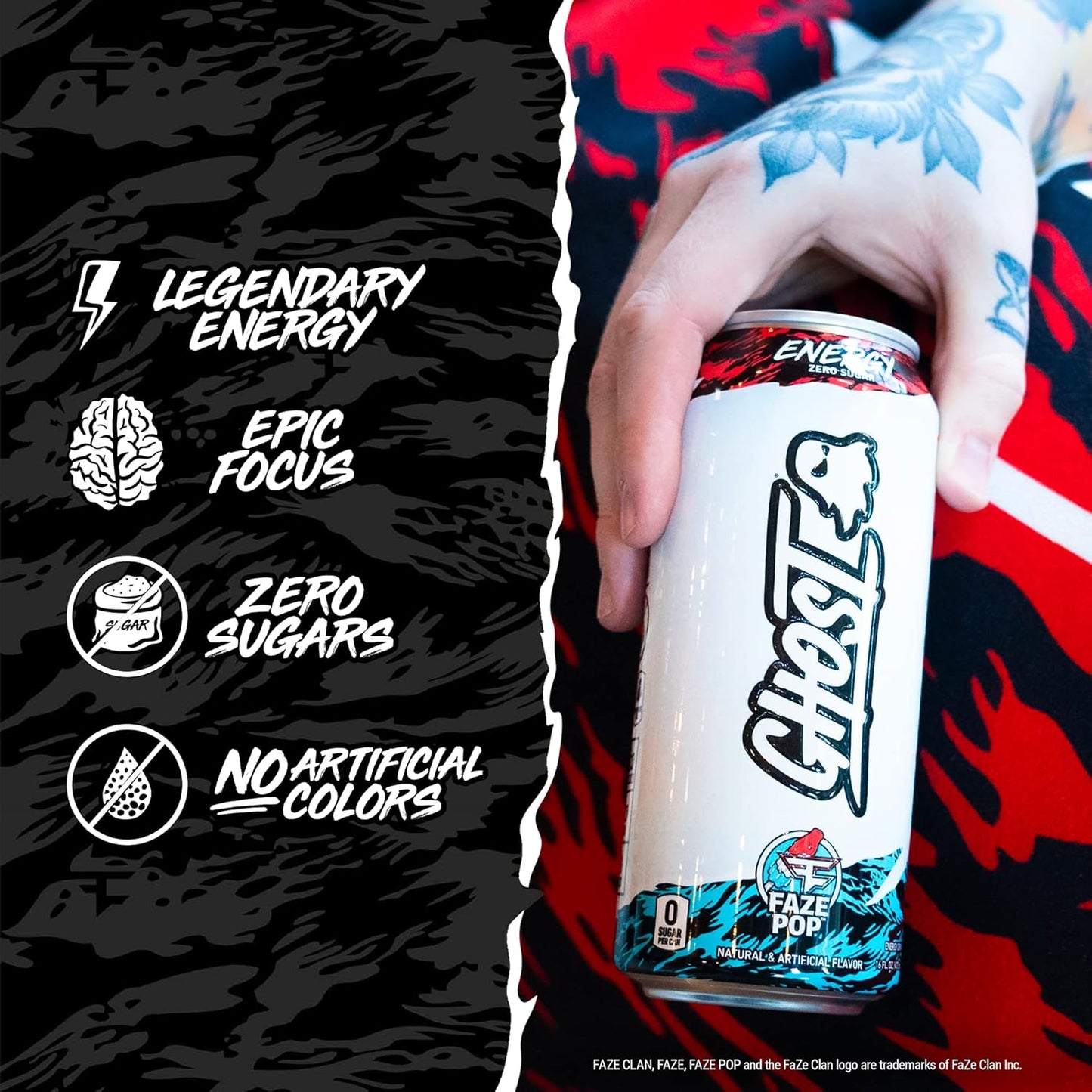 GHOST Energy x Faze Clan (Faze Pop) - Performance Energy Drink - 12-Pack Case x 16oz Cans - Energy & Focus - No Artificial Colors - 200mg of Natural Caffeine, L-Carnitine & Taurine - Gluten-Free & Vegan